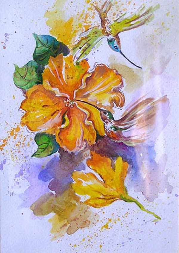 A pair of hummingbirds in gold